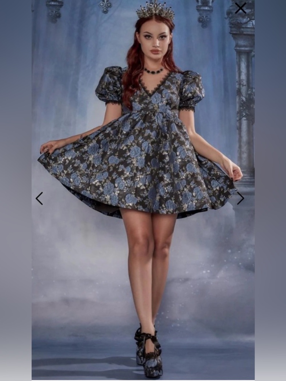 Widow Fanged Faeries Blue Brocade Puff Sleeve Babydoll Mini Dress Whimsigoth XXS
